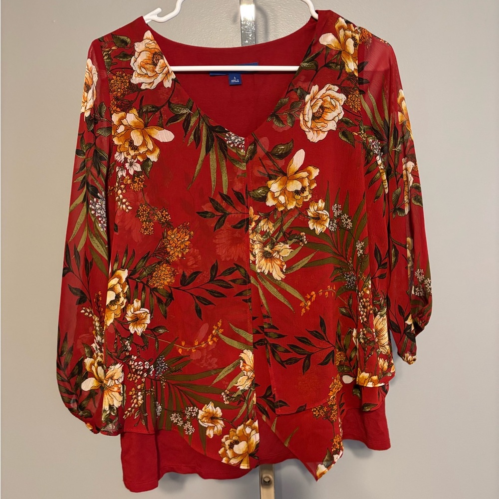 Apt. 9 Blouse Women’s Small Red Floral V-Neck Long Sleeve Lined Pullover